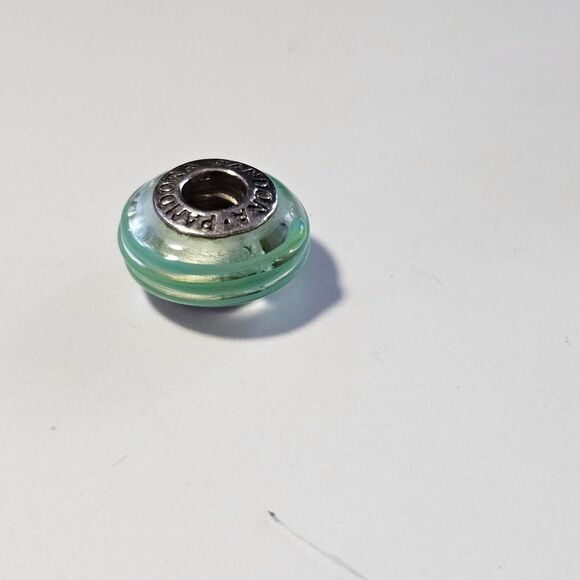 Pandora Retired Murano Sterling Silver Charm Greenish Yellow Bluish Stripe - Picture 10 of 10